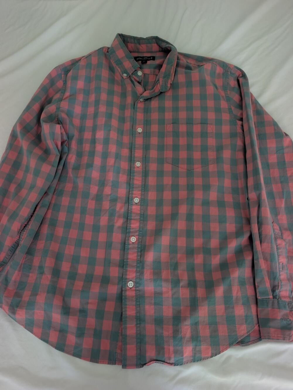 J Crew Mercantile Flex Button Down Shirt Mens L Blue and Pink Check Long Sleeve